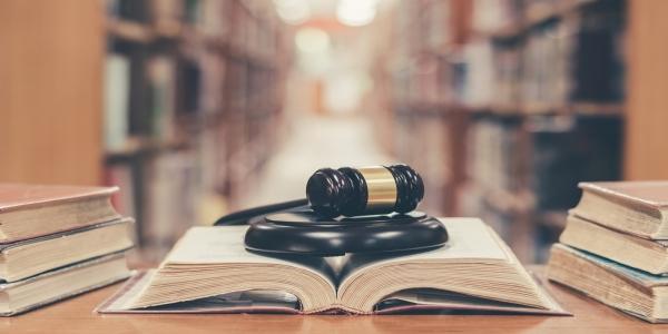 A book opened with a gavel on top of the book.